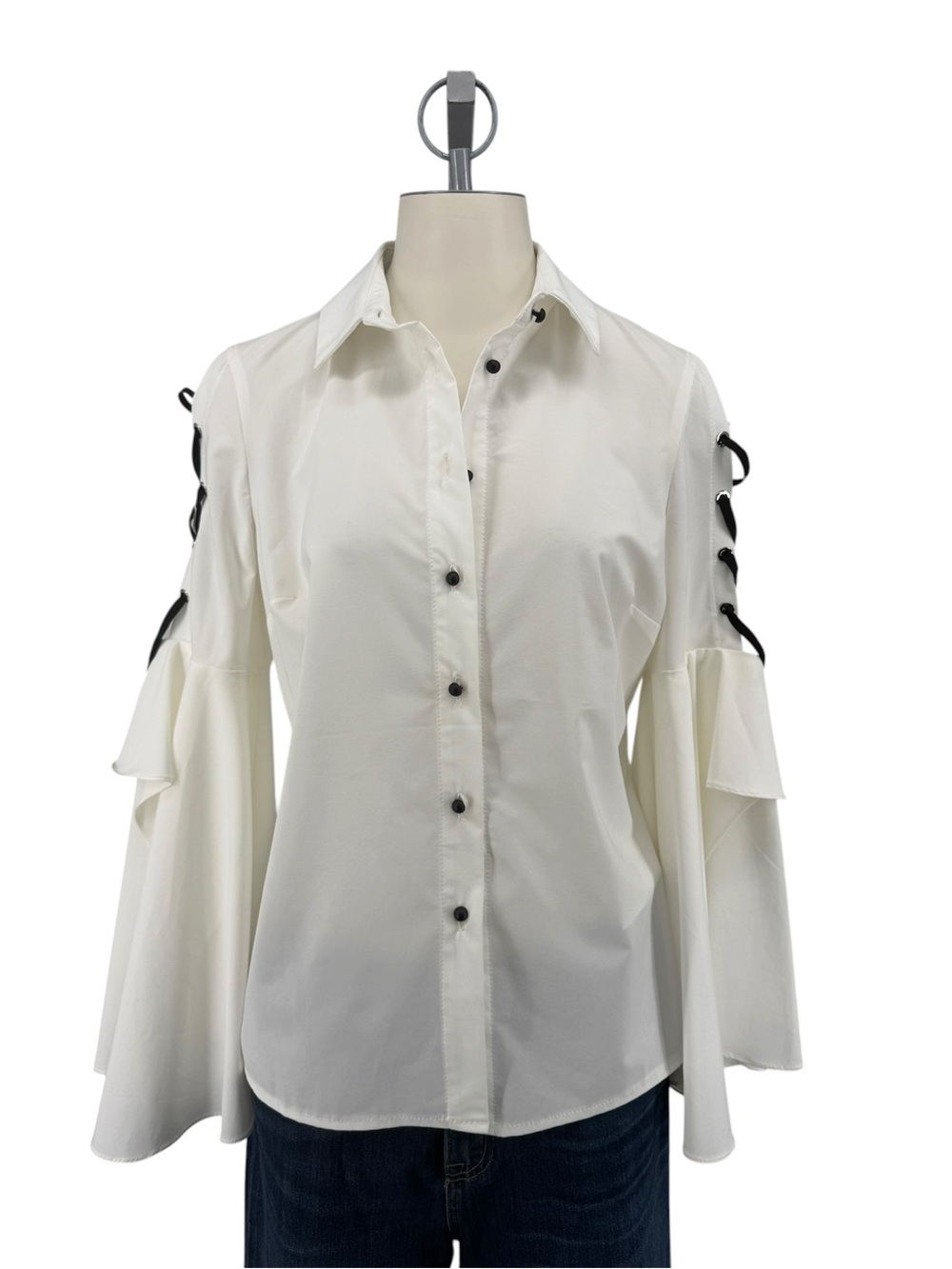 Joseph Ribkoff White Button-Front Bell Sleeve Shirt with Lace-Up Detail